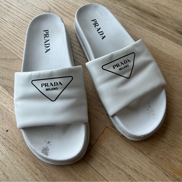 Prada White Leather Logo Slides - Picture 3 of 7